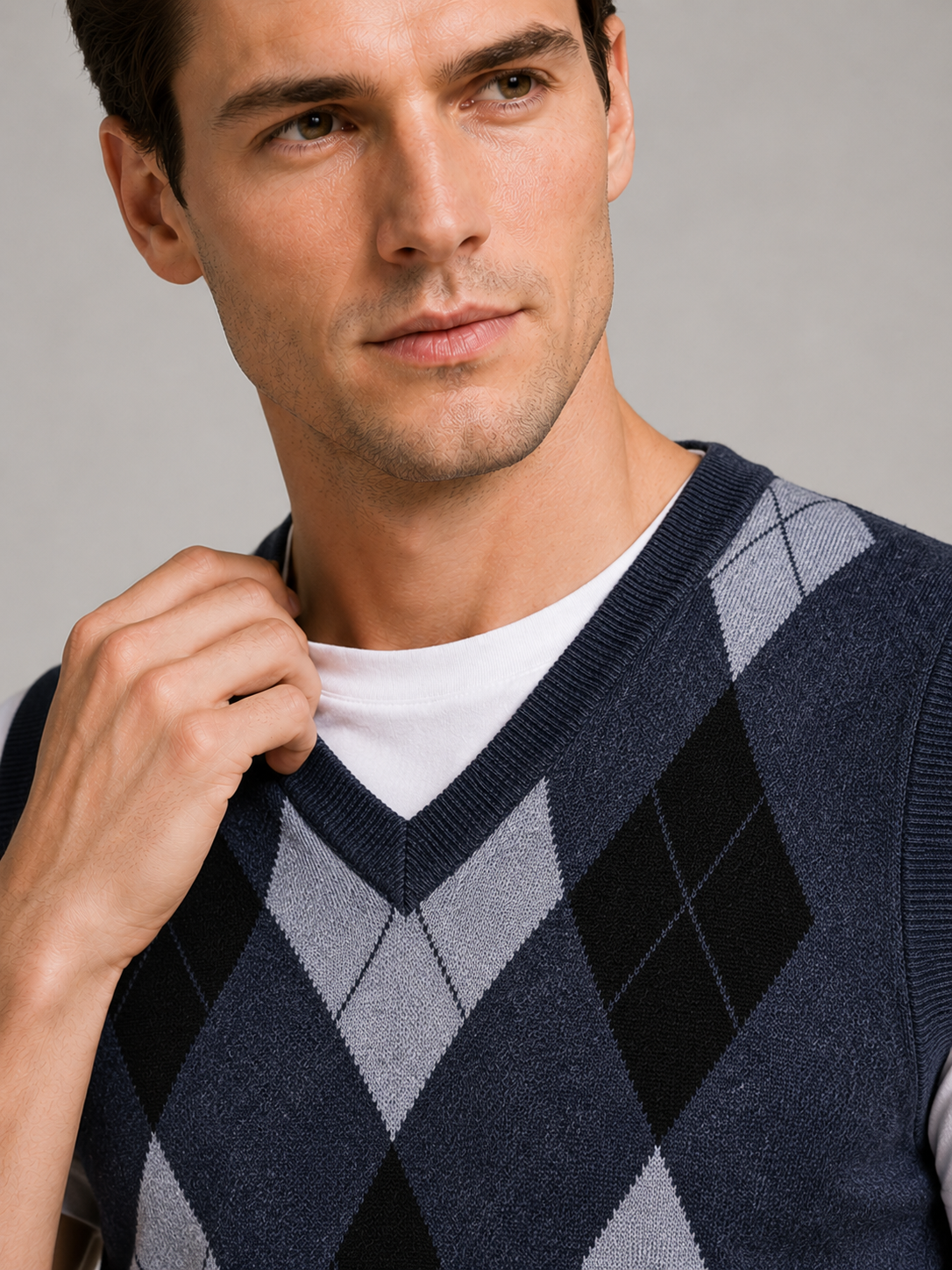 Close up of blue argyle sweater vest showing classic diamond knit pattern and refined v neck detail
