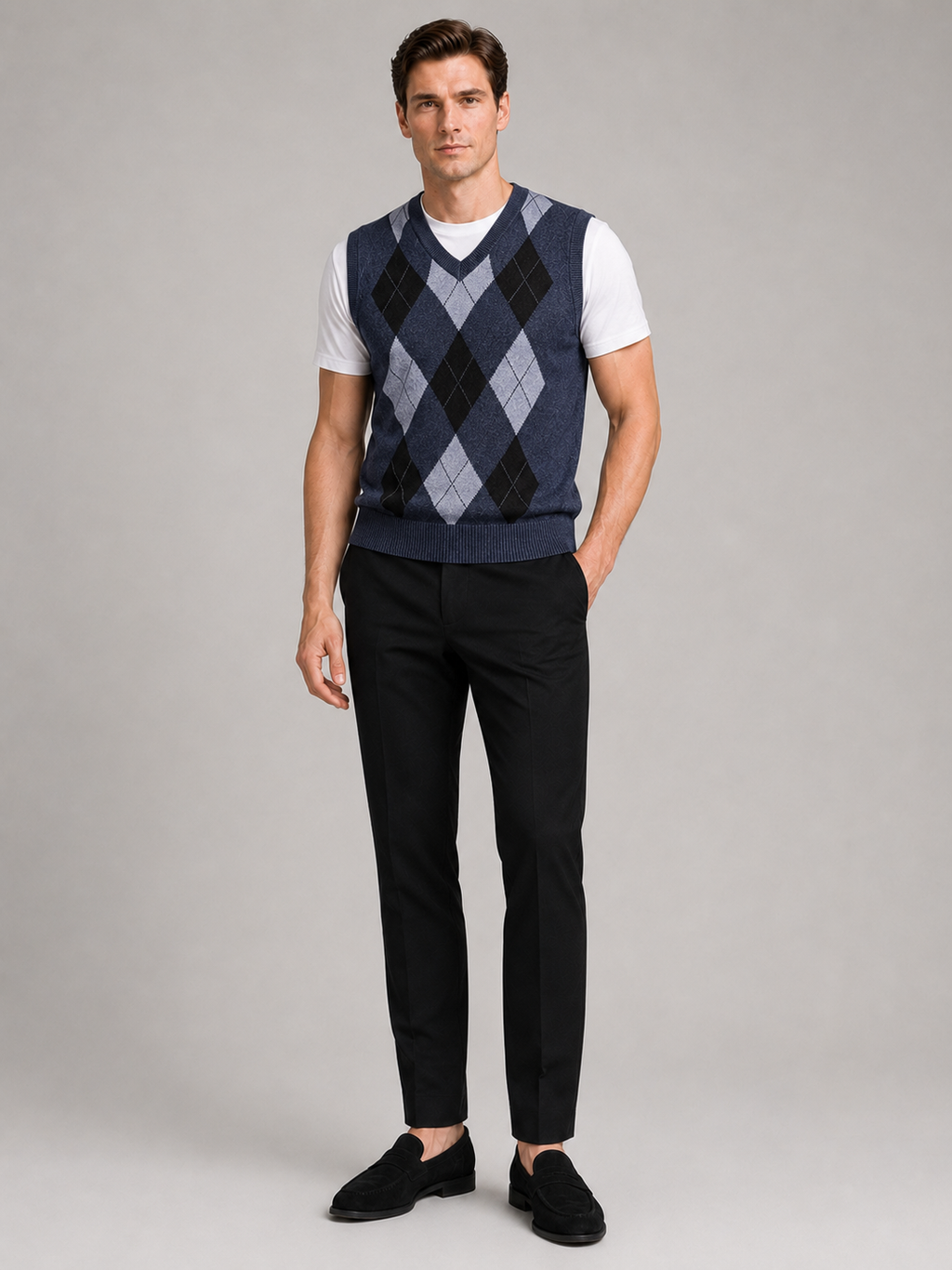 Blue argyle sweater vest for men slim fit knit layer for business casual and everyday wear