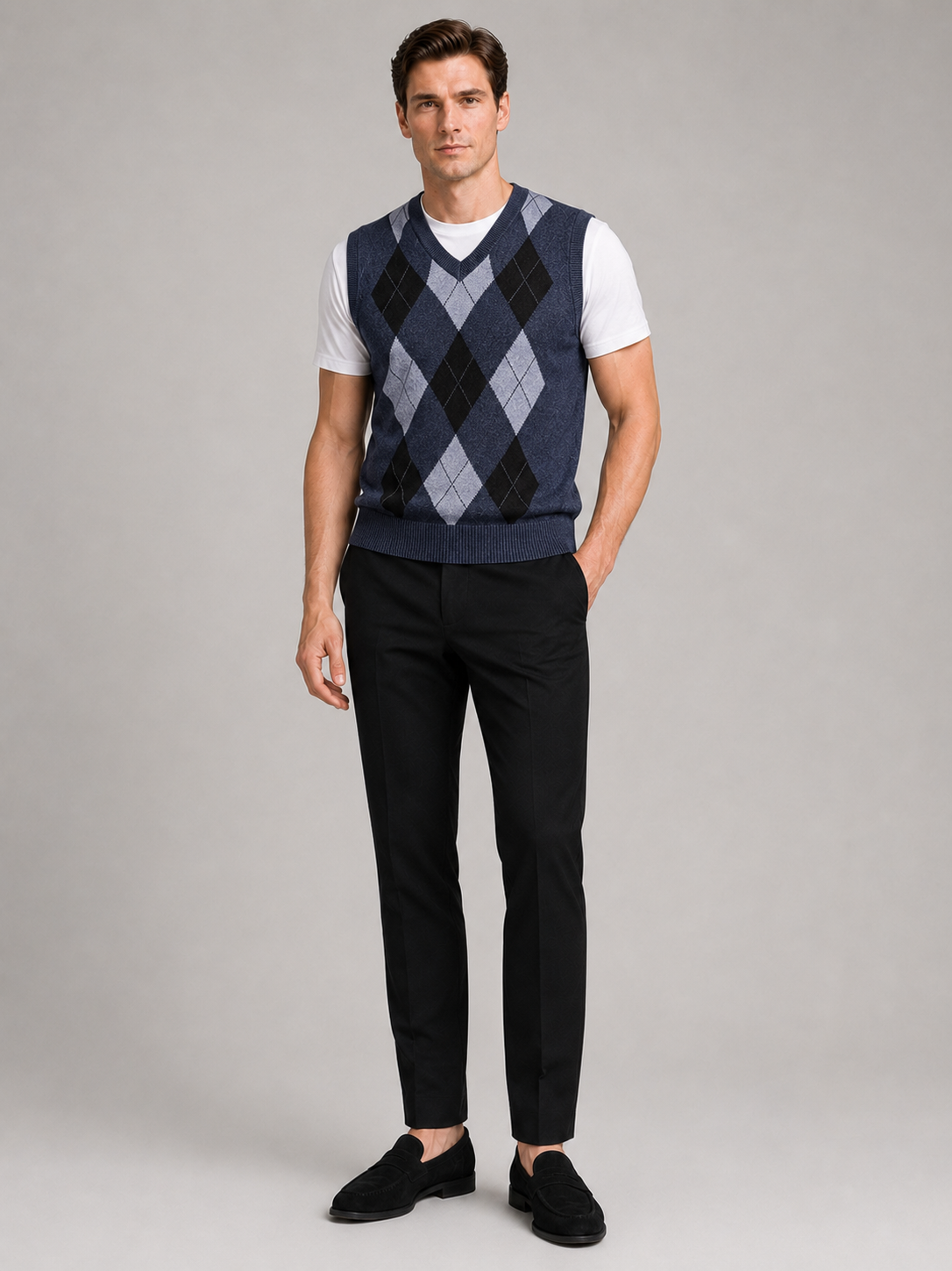 Blue argyle sweater vest for men slim fit knit layer for business casual and everyday wear