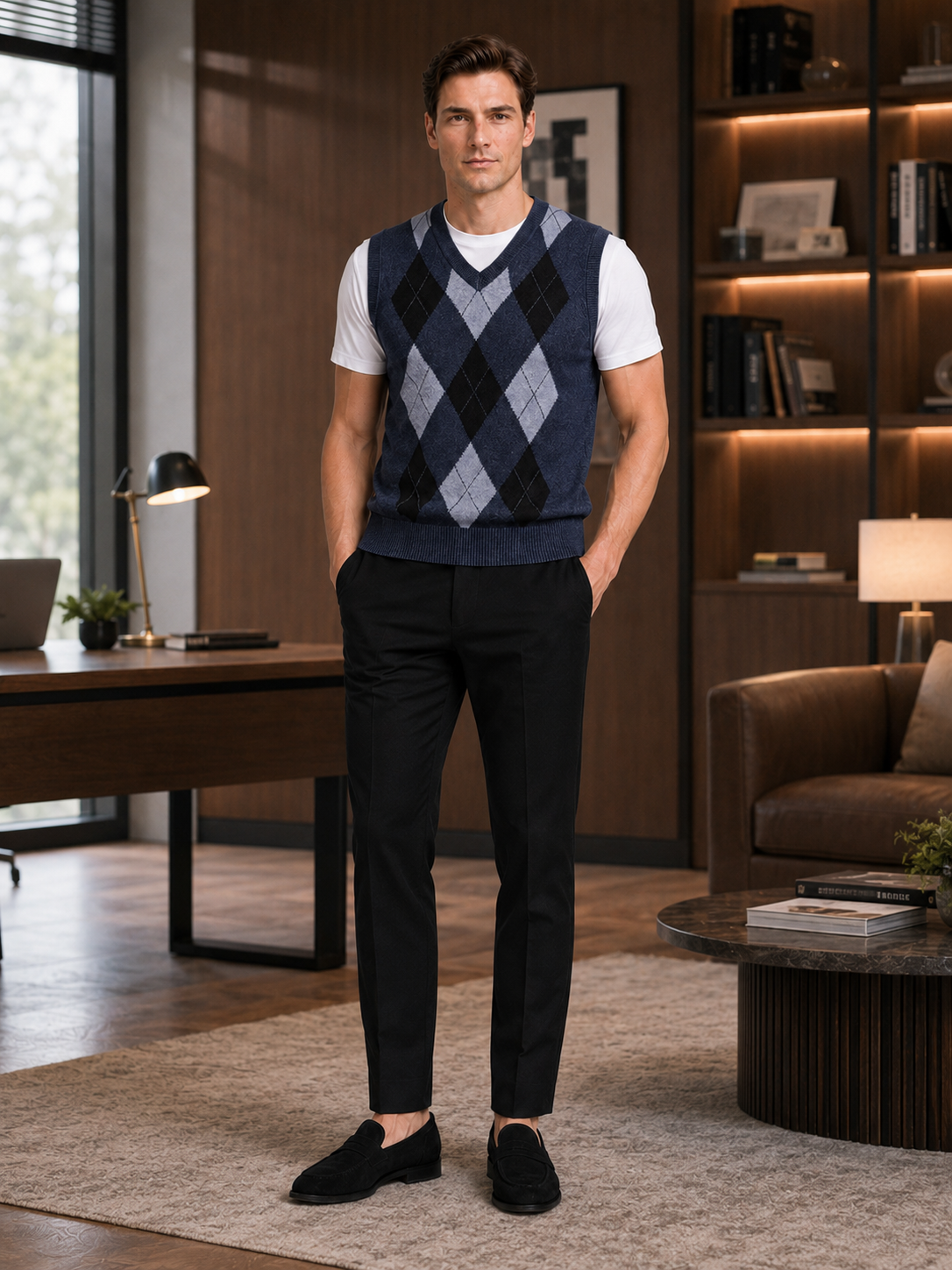 Man styling blue argyle sweater vest in a polished business casual and everyday lifestyle outfit