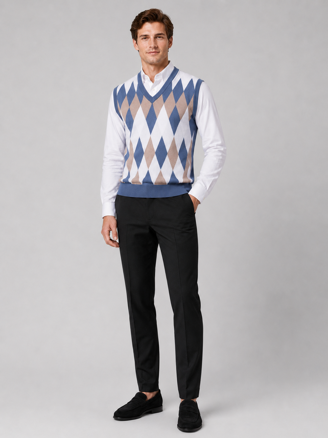 Blue argyle sweater vest for men slim fit lightweight layer for business casual wear