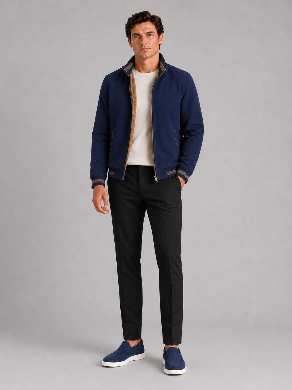 Blue aviator jacket for men thick warm outerwear for everyday fall wear