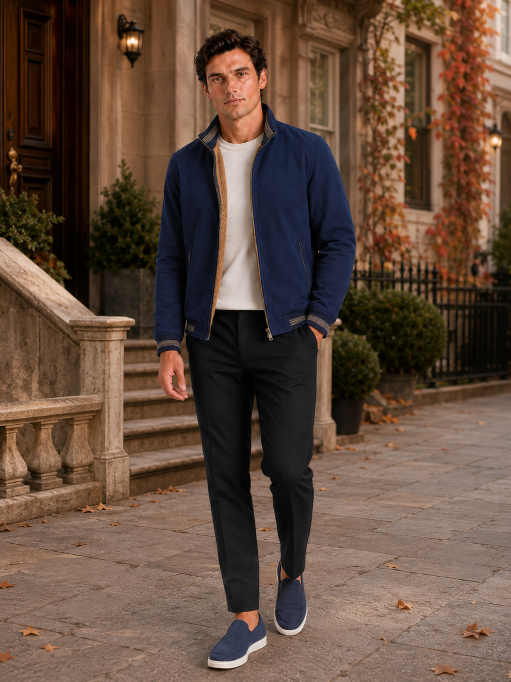 Man styling blue aviator fall jacket in a clean everyday lifestyle outfit