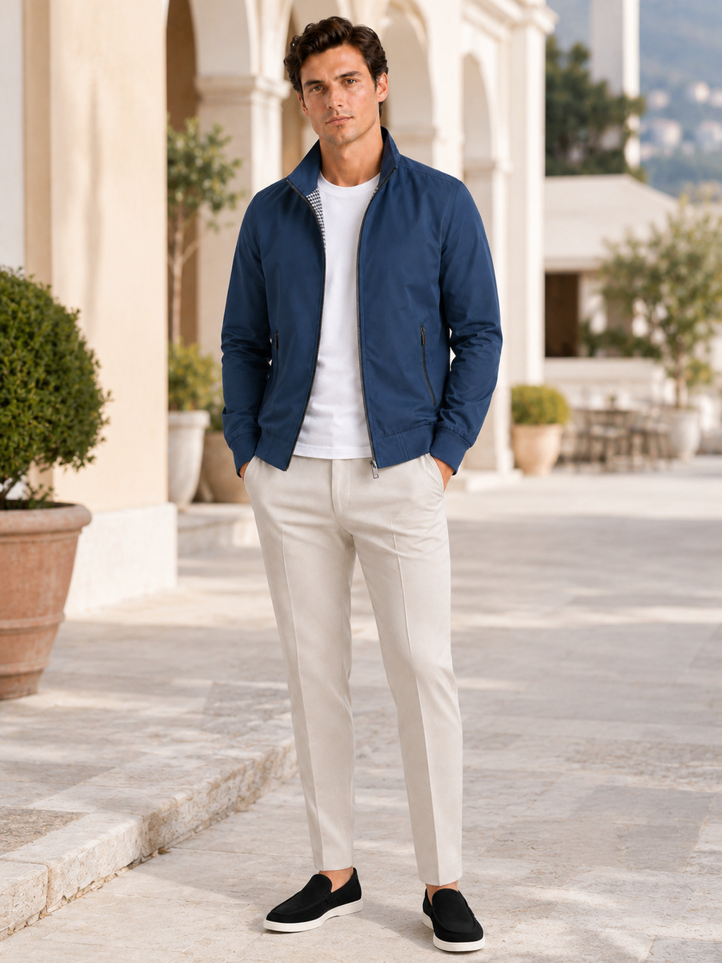 Man styling blue bomber jacket in a clean travel and everyday lifestyle outfit