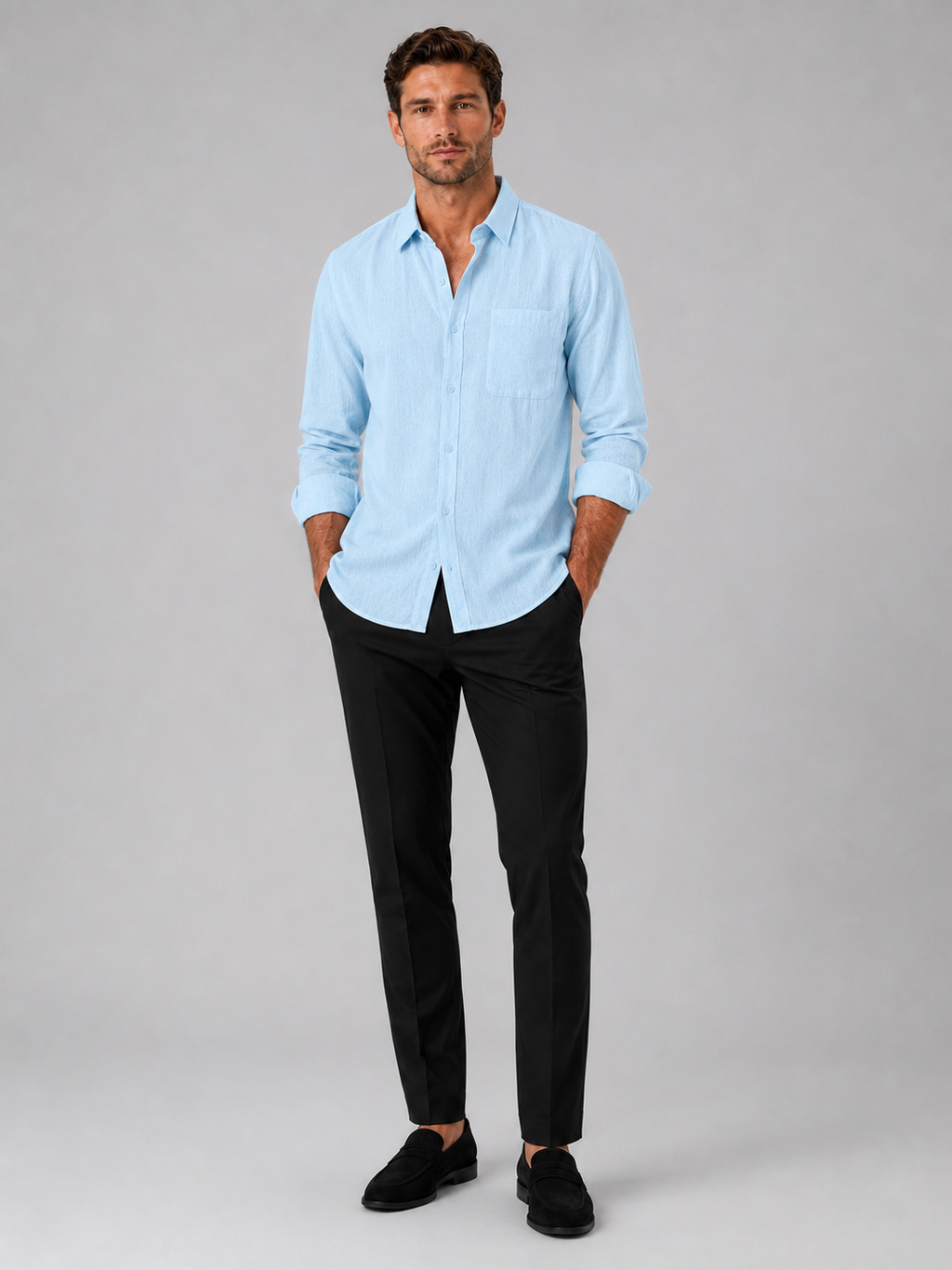 Light blue button down shirt for men long sleeve summer top for vacation and everyday wear