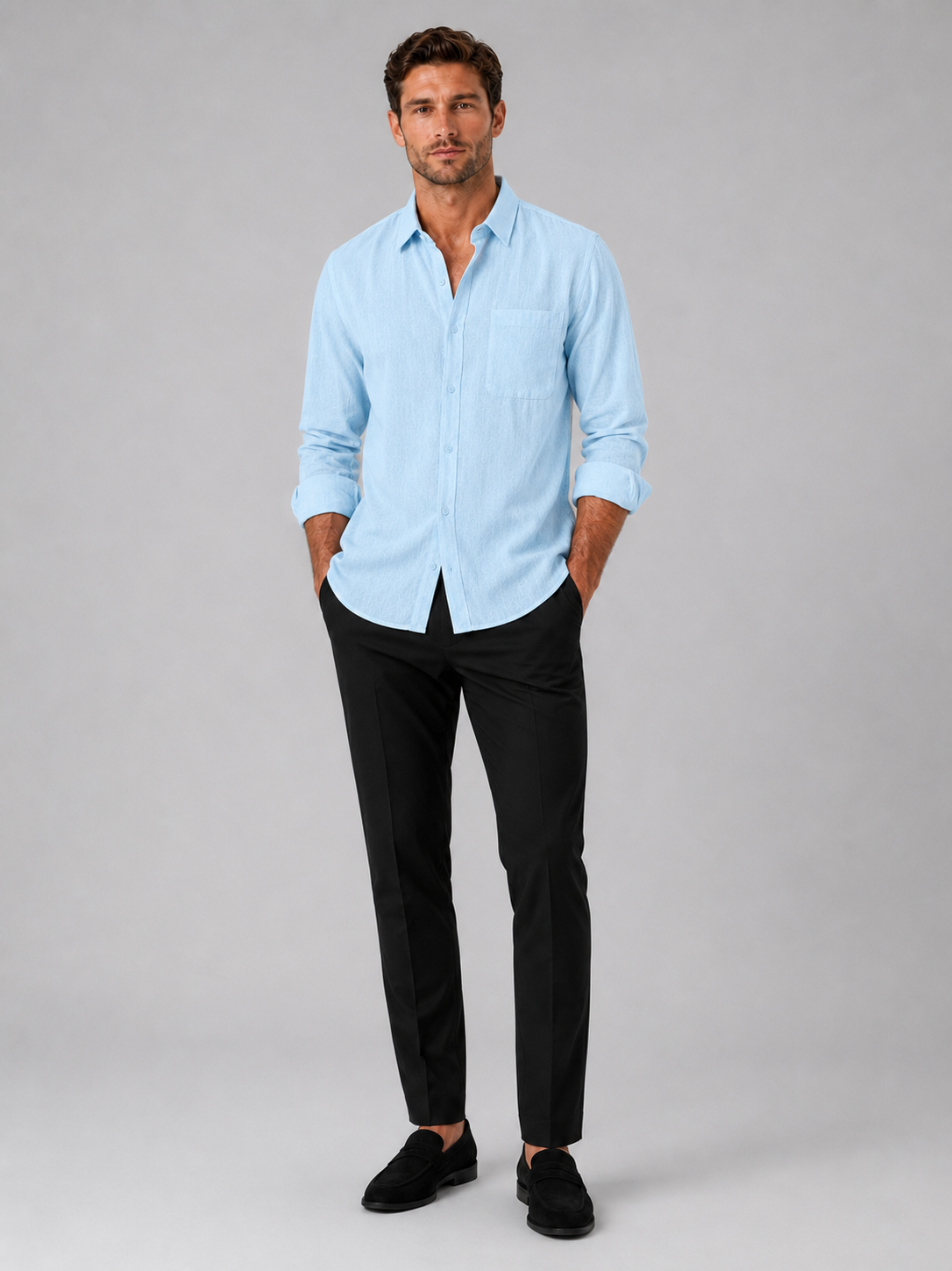 Light blue button down shirt for men long sleeve summer top for vacation and everyday wear