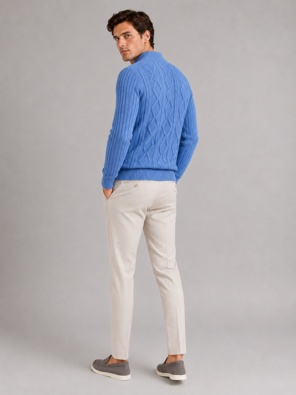 Men’s blue jacquard knit pullover warm textured sweater for everyday fall winter outfits