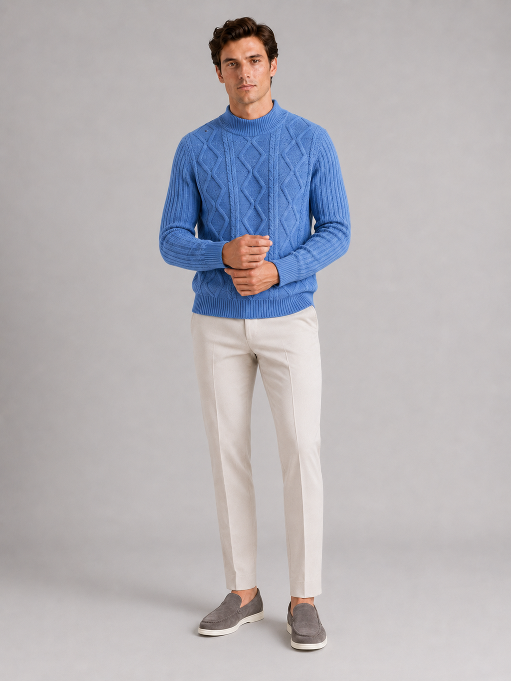 Blue cable knit mock neck sweater for men warm pullover for business casual winter wear
