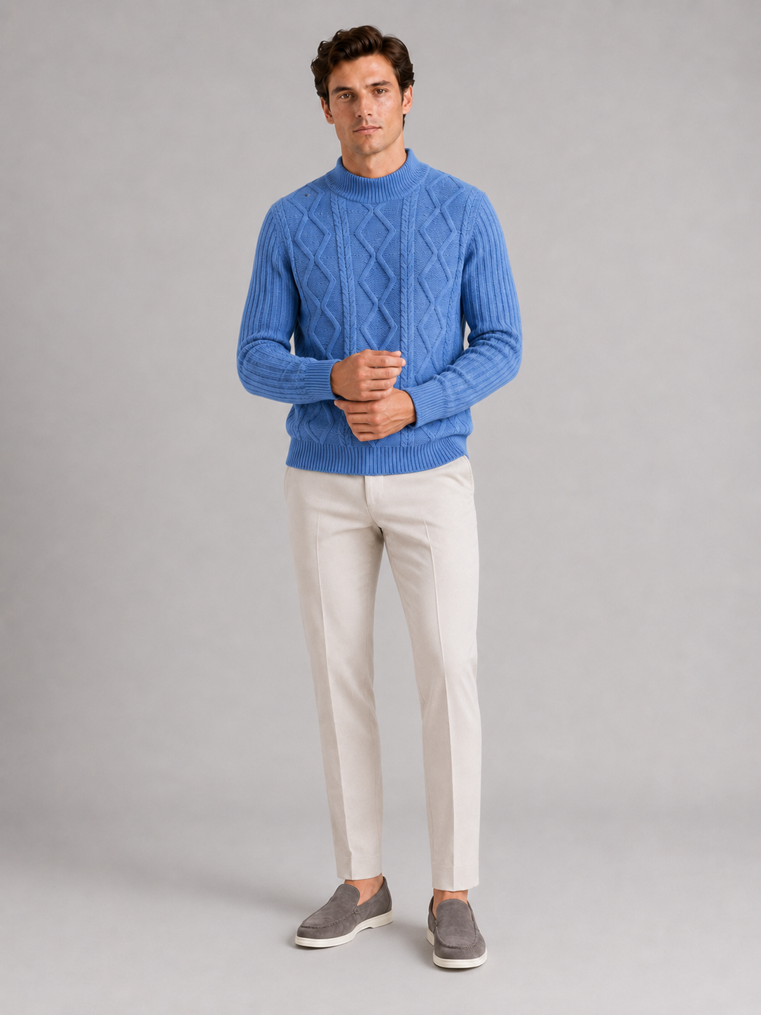 Blue cable knit mock neck sweater for men warm pullover for business casual winter wear