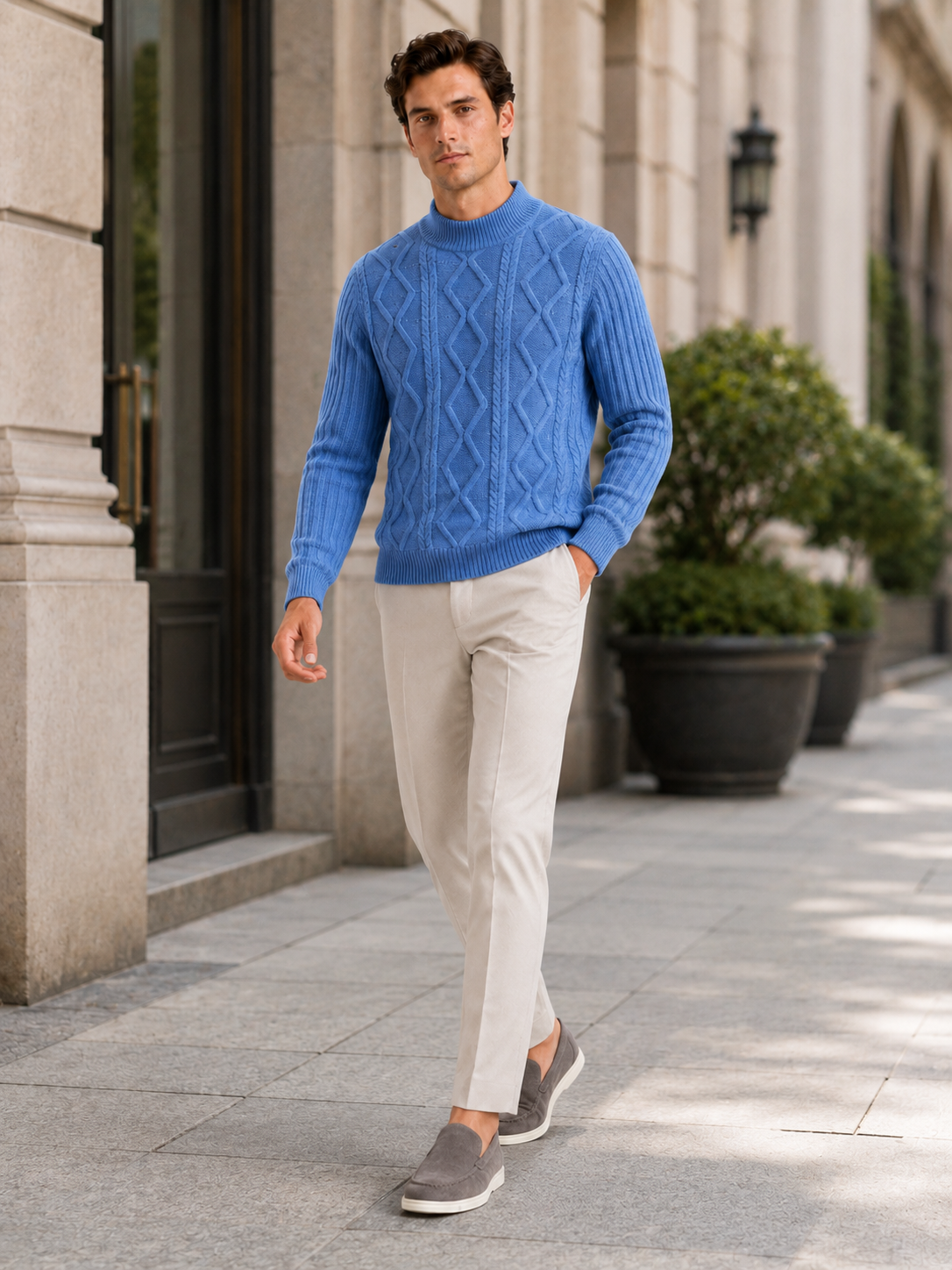Man styling blue cable knit mock neck sweater in a refined fall winter lifestyle outfit