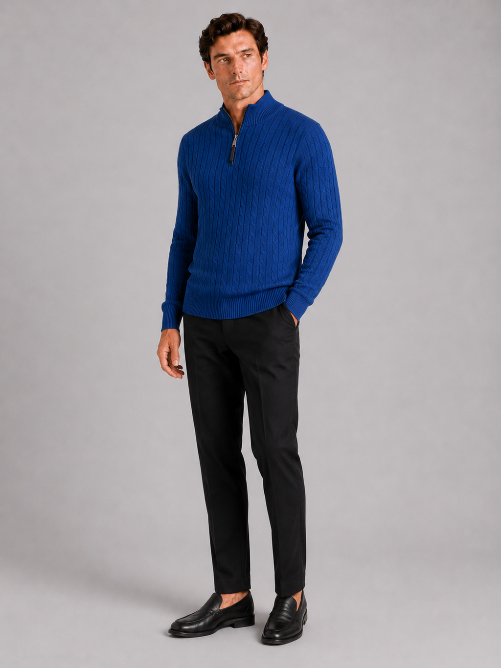 Blue quarter zip cable knit sweater for men warm pullover for casual winter wear