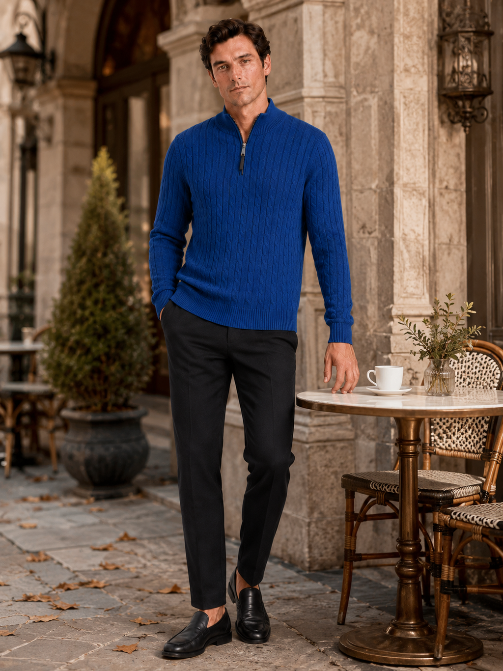 Man styling blue cable knit quarter zip sweater in a refined fall winter lifestyle outfit