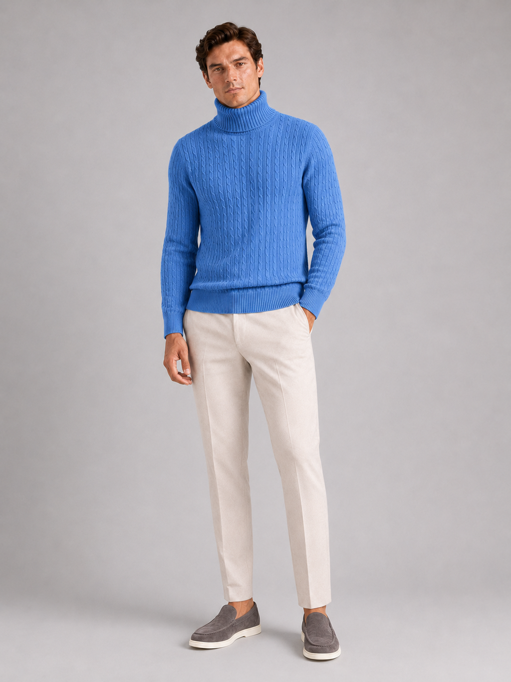 Blue cable knit turtleneck sweater for men slim fit heavyweight pullover for winter wear