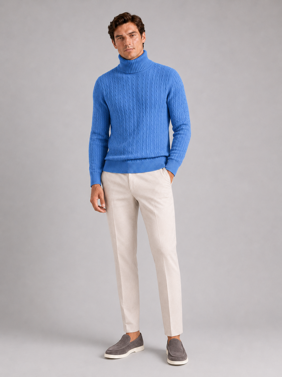 Blue cable knit turtleneck sweater for men slim fit heavyweight pullover for winter wear