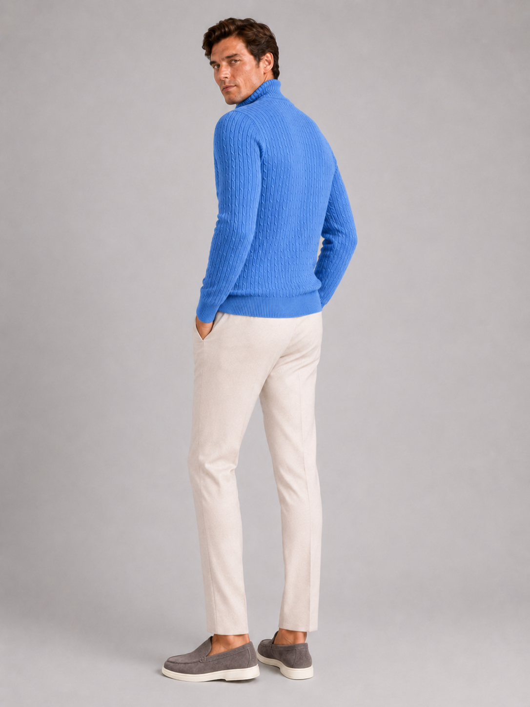 Men’s blue heavyweight knit turtleneck warm sweater for casual cold weather outfits