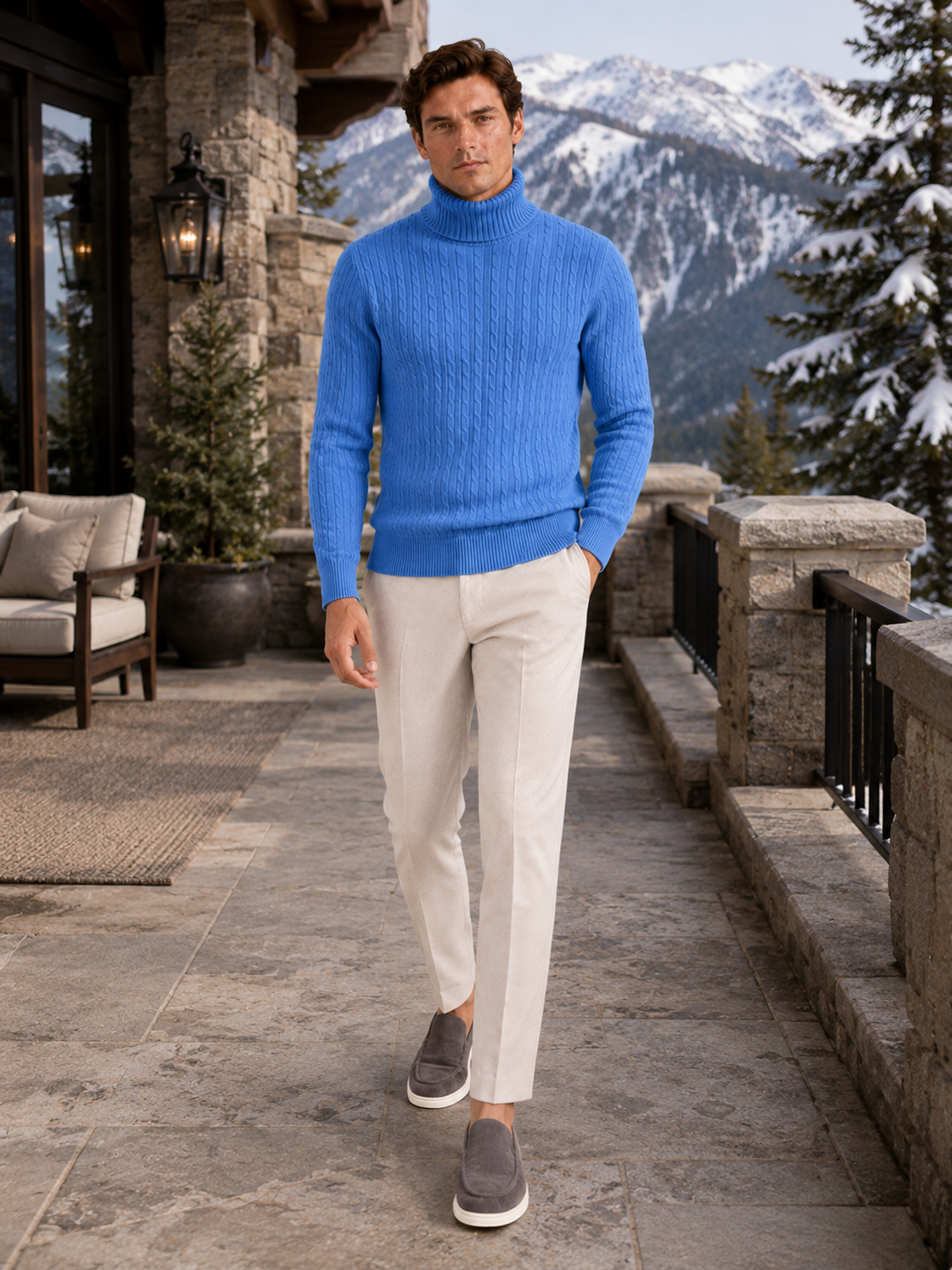 Man styling blue cable knit turtleneck sweater in a clean winter lifestyle outfit