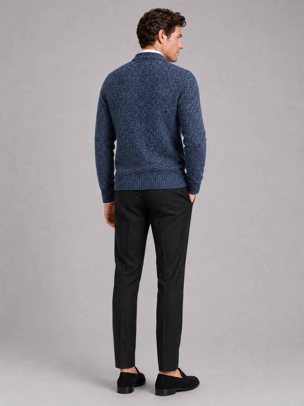 Men’s blue knit cardigan long sleeve sweater for business casual and smart casual outfits