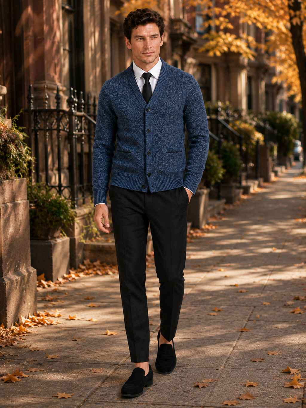 Man styling blue v neck cardigan sweater in a polished fall winter lifestyle outfit