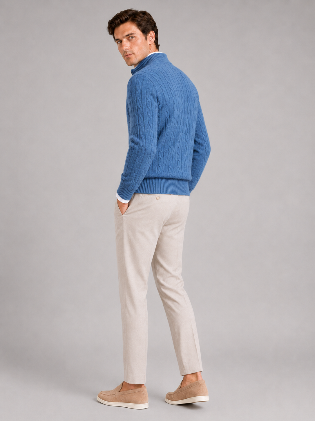 Men’s blue cable knit cashmere sweater luxury warm top for business casual outfits