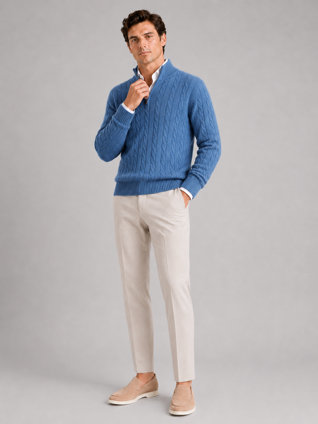 Blue pure cashmere quarter zip sweater for men warm pullover for everyday winter wear