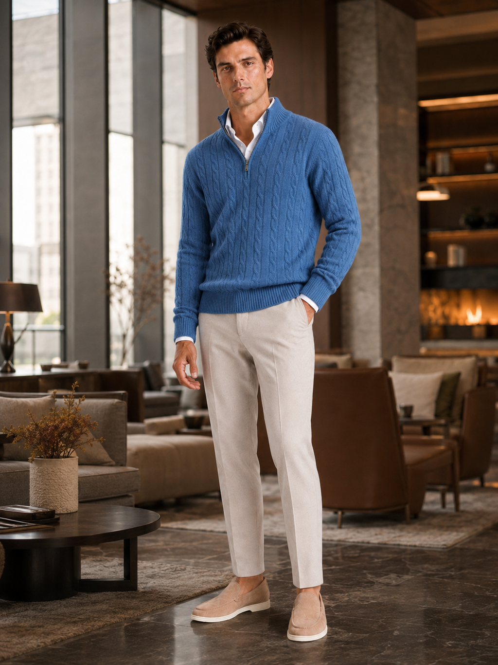 Man styling blue cashmere quarter zip sweater in a clean fall winter lifestyle outfit