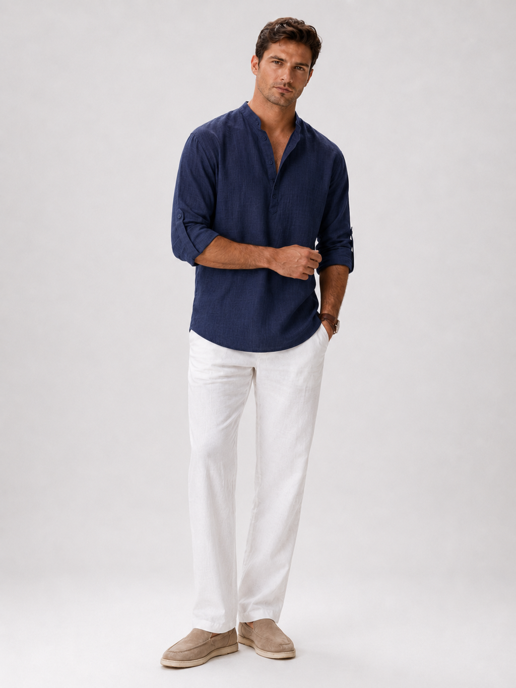 Navy band collar shirt for men lightweight summer top for coastal casual wear