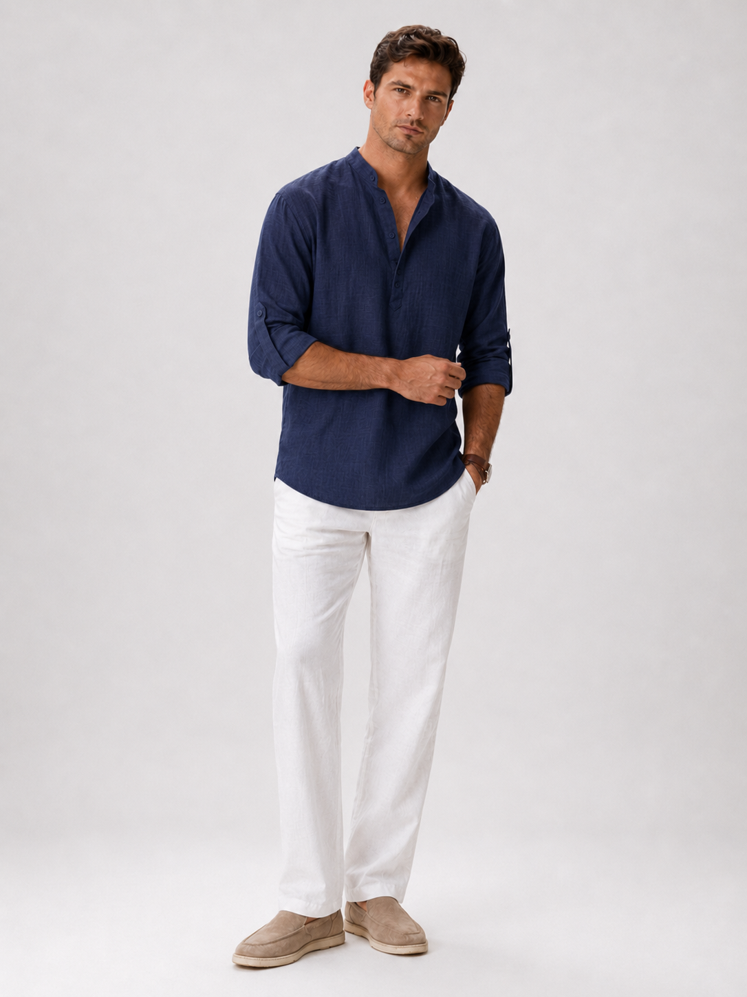 Navy band collar shirt for men lightweight summer top for coastal casual wear