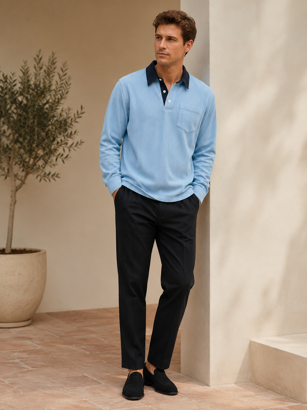 Man wearing a blue corduroy long sleeve polo shirt in a casual fall everyday outfit