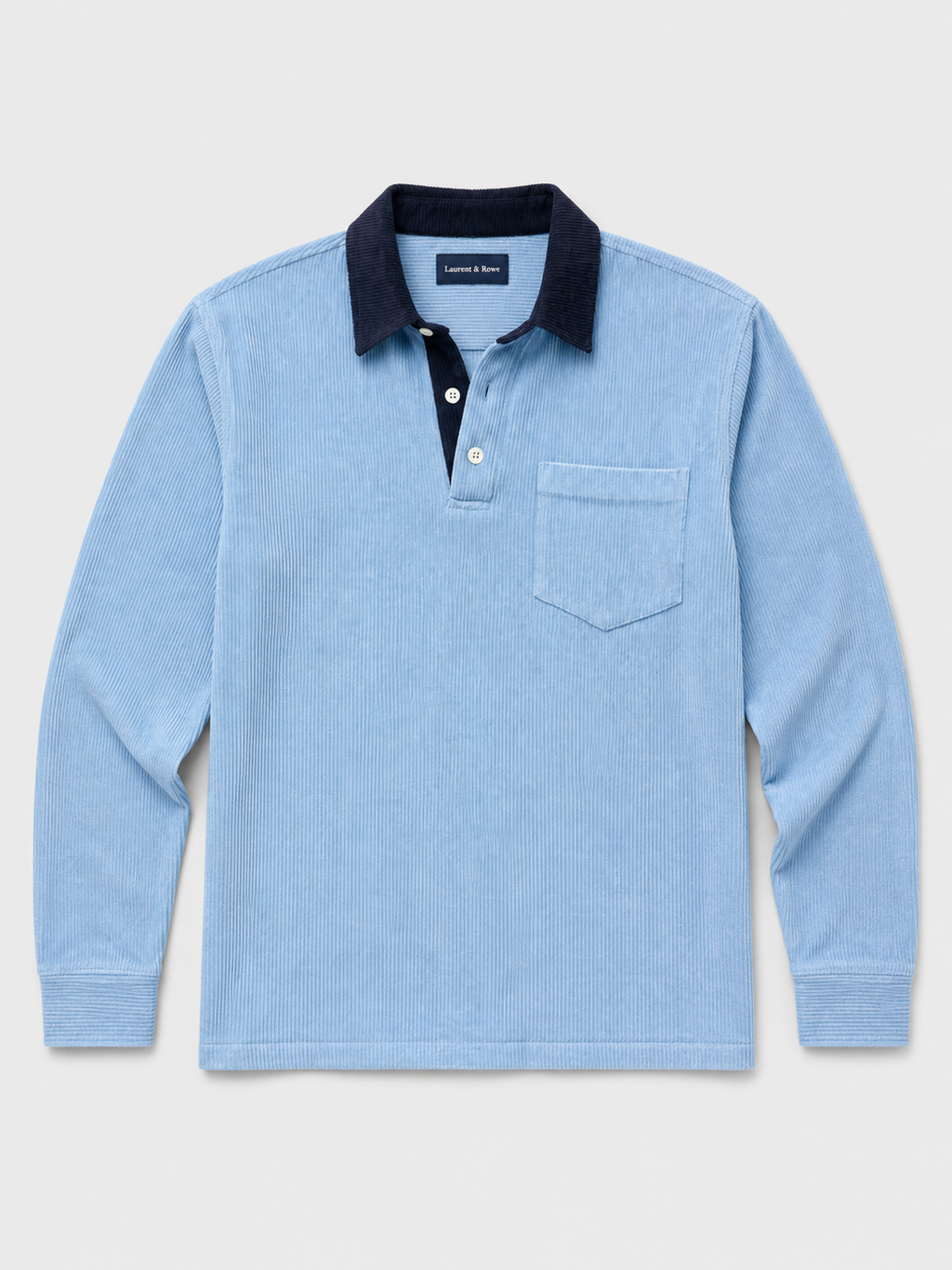 Blue men’s corduroy long sleeve polo shirt with a contrast turn-down collar displayed on a plain background