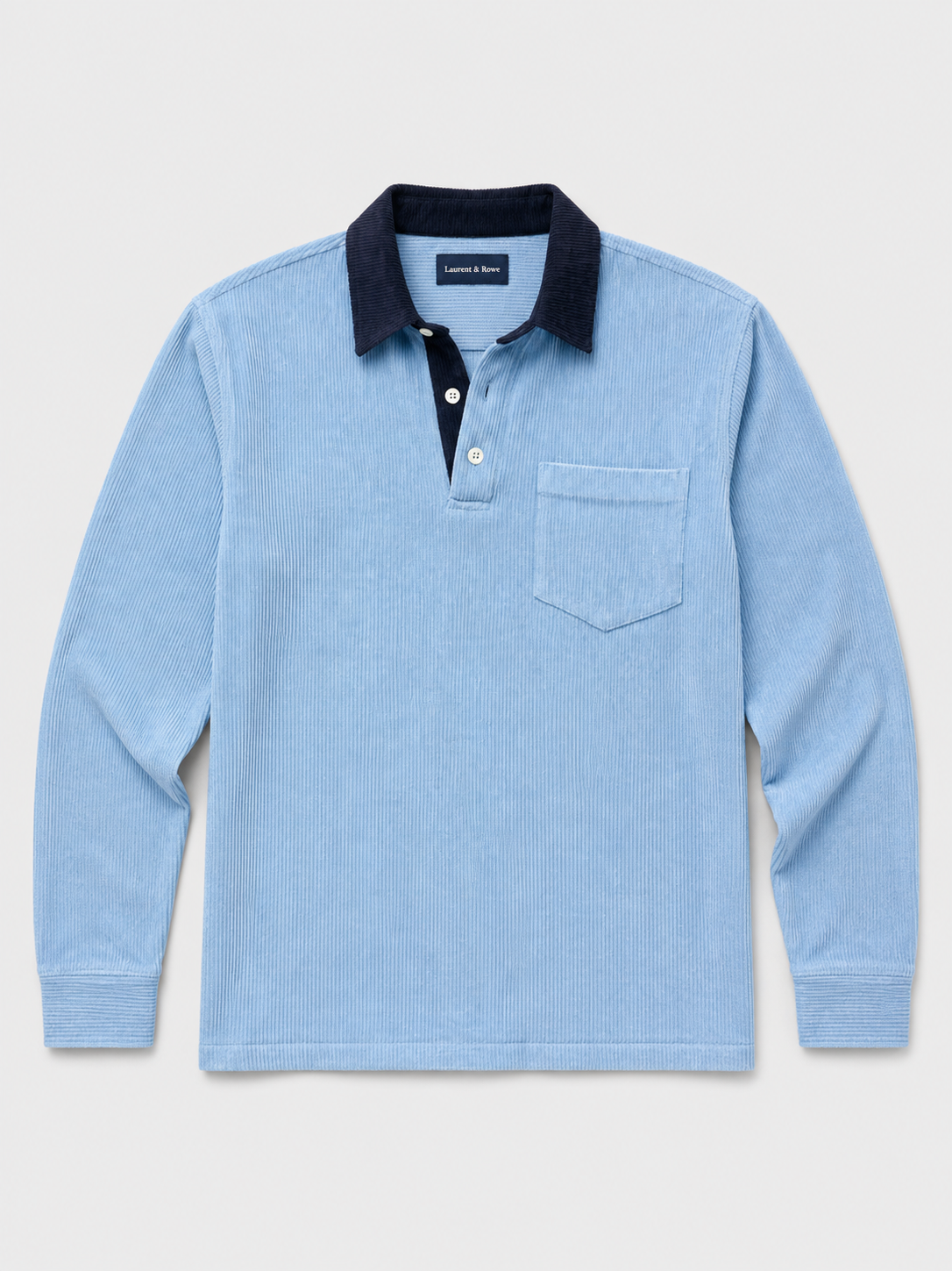 Blue men’s corduroy long sleeve polo shirt with a contrast turn-down collar displayed on a plain background