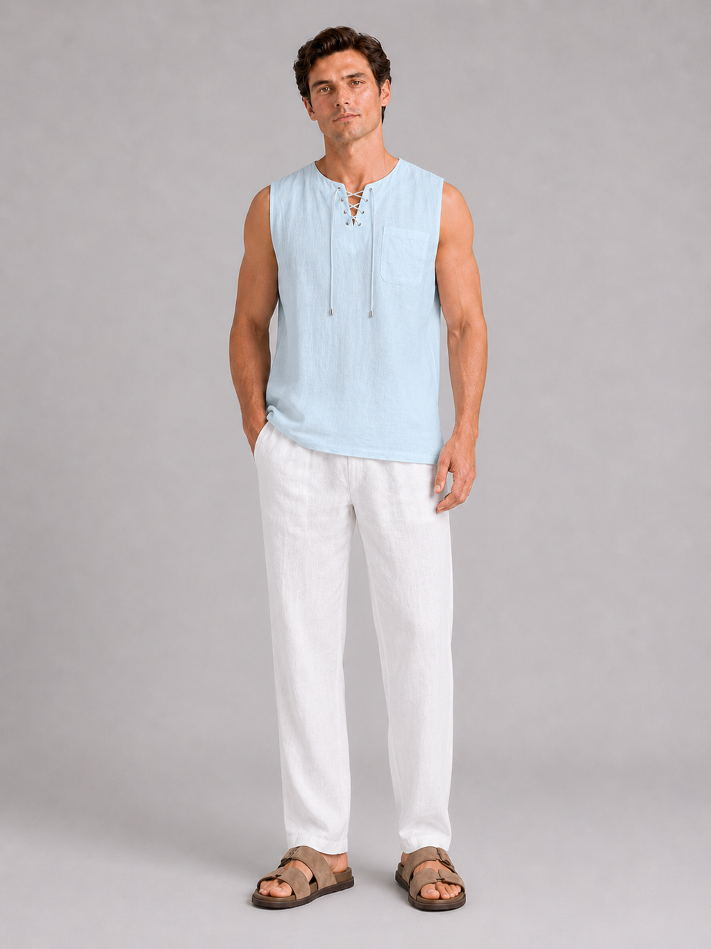 Blue sleeveless cotton linen shirt for men lightweight summer top for vacation and beach wear