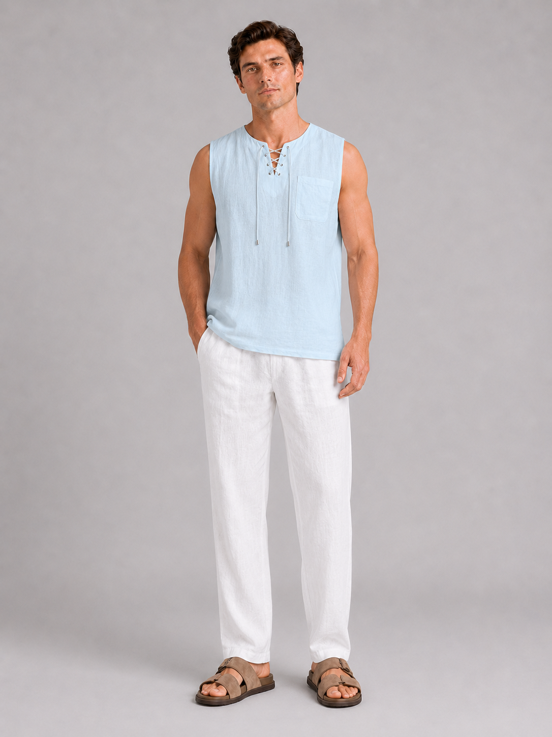 Blue sleeveless cotton linen shirt for men lightweight summer top for vacation and beach wear