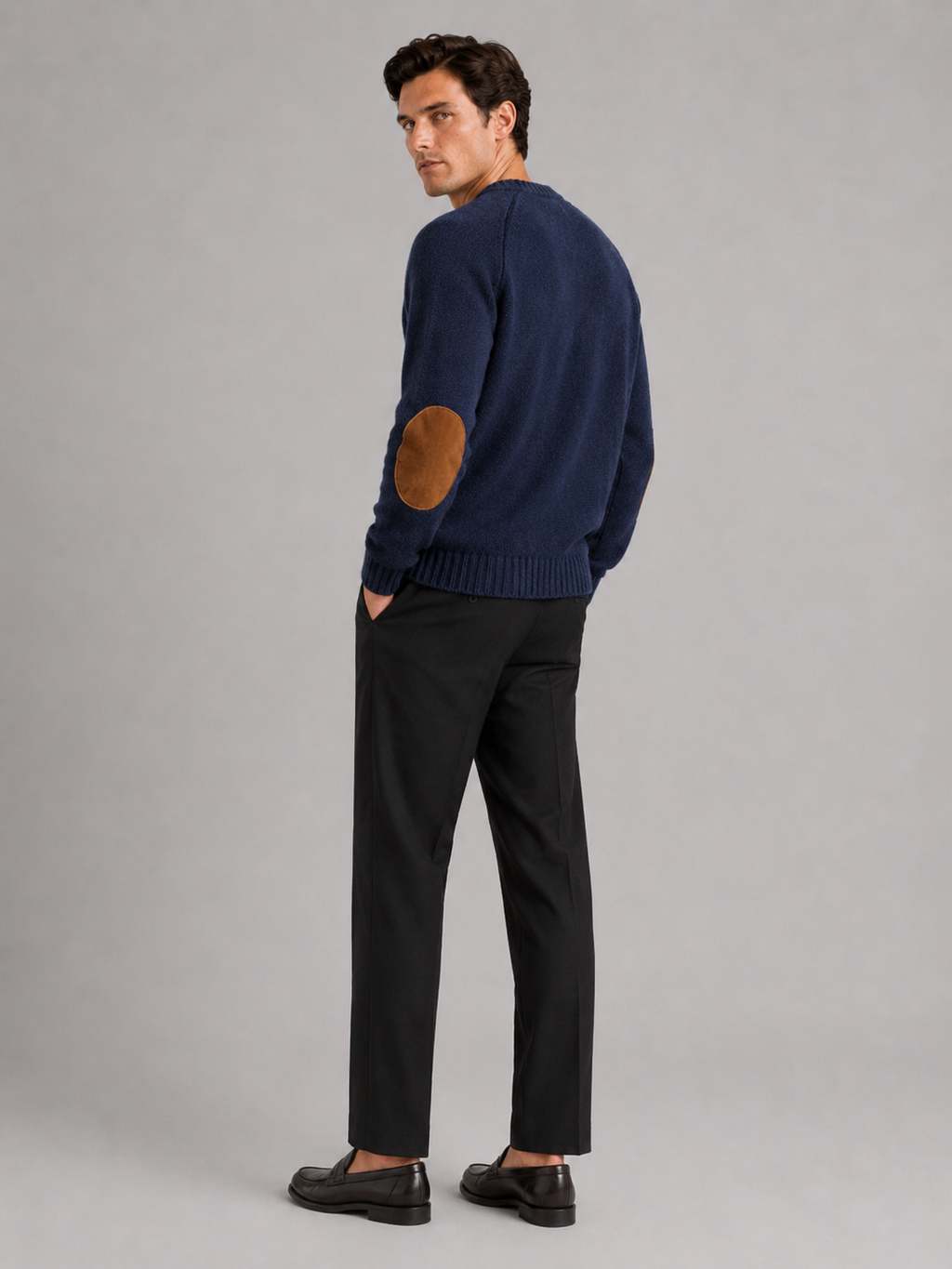Blue crew neck wool sweater for men loose fit pullover for fall winter everyday wear