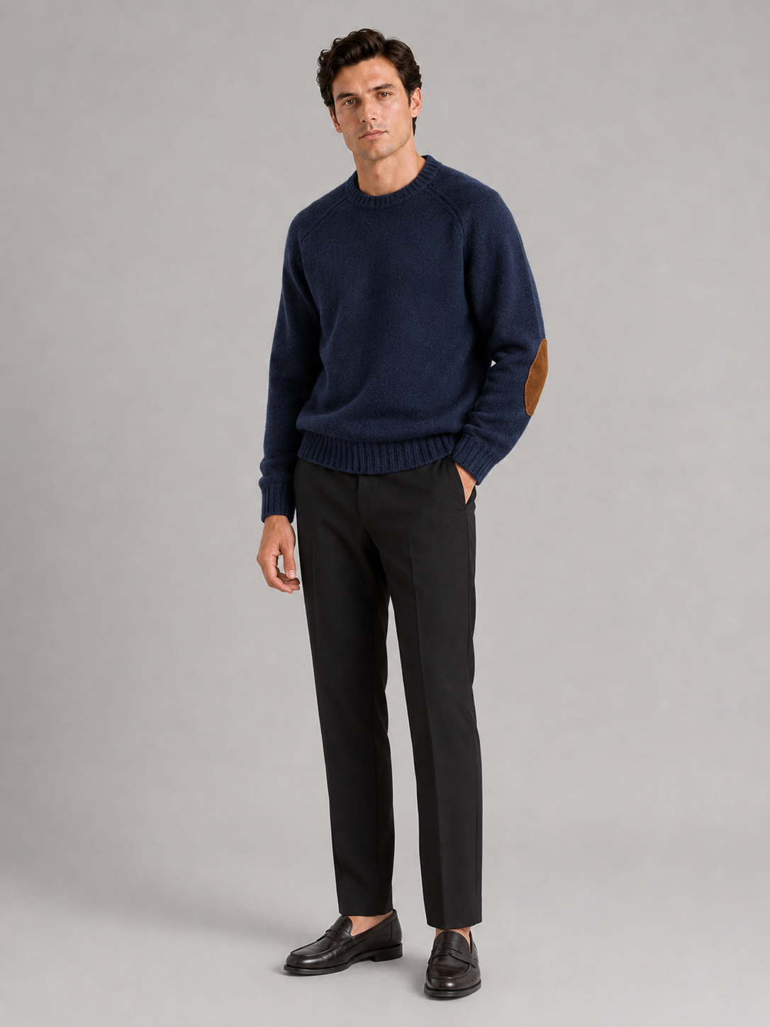 Men’s blue thick wool knit pullover warm casual sweater for cold weather outfits