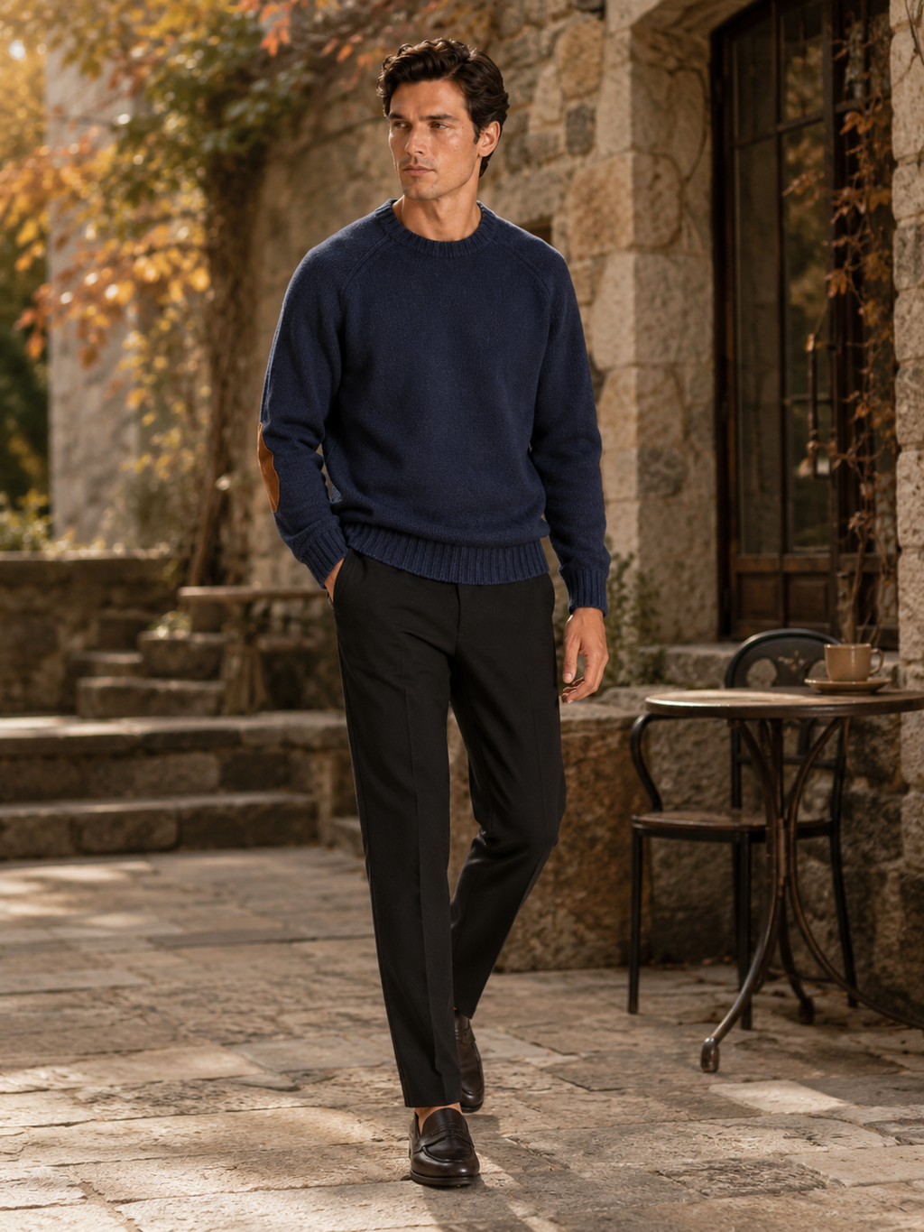 Man styling blue crew neck wool sweater in a clean fall winter lifestyle outfit