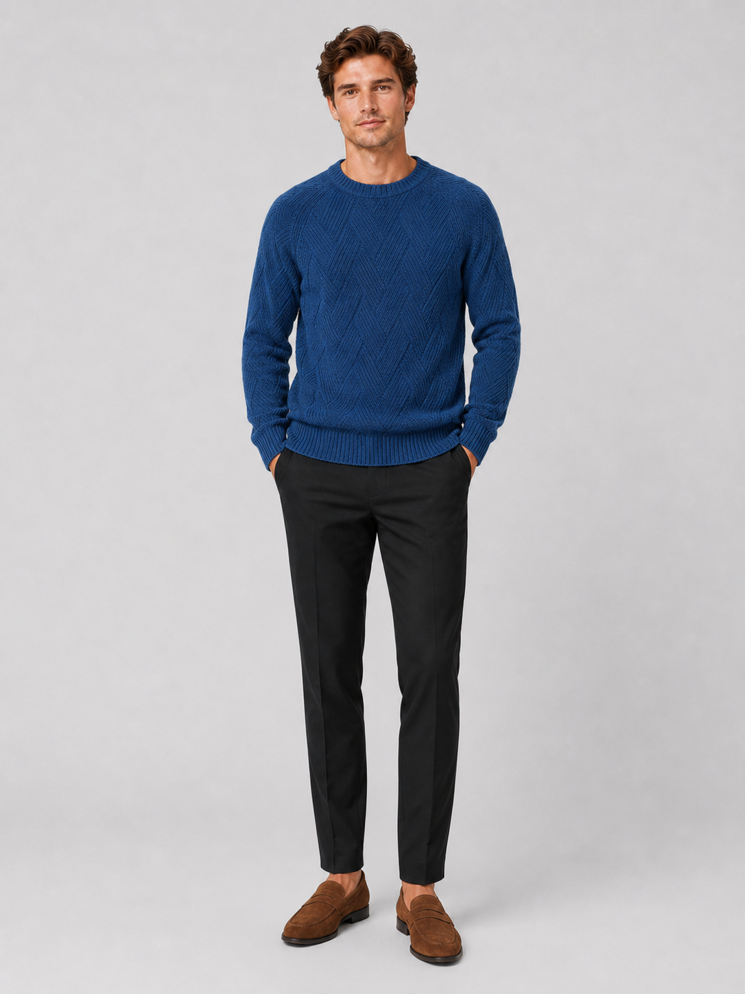 Blue crewneck sweater for men comfortable fall pullover for everyday wear