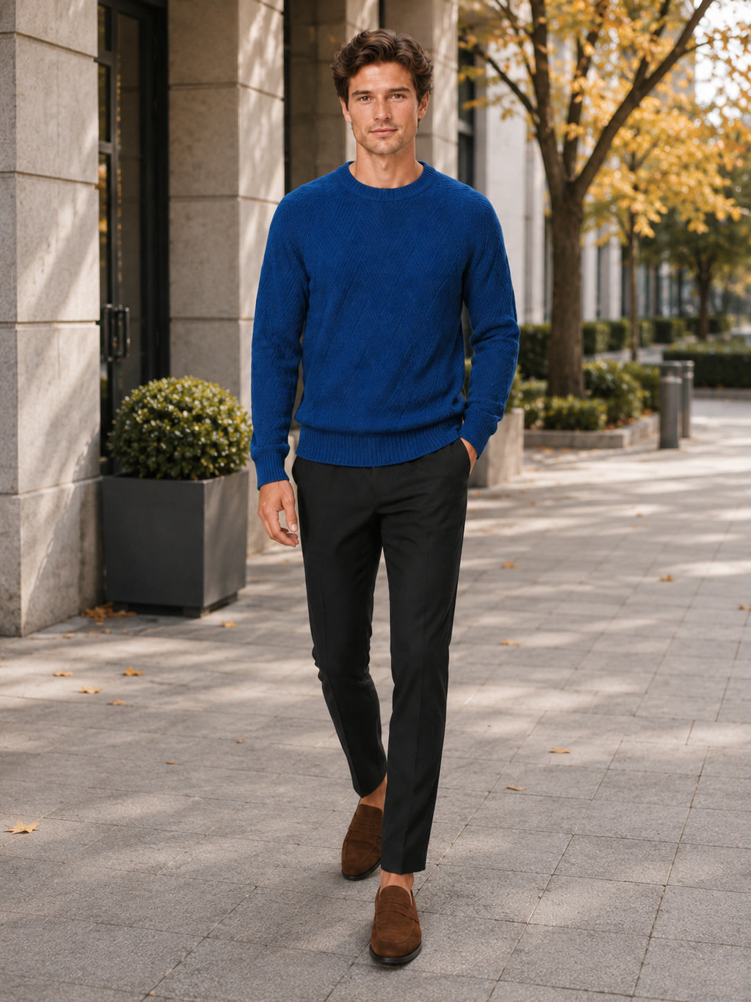 Man styling blue crewneck sweater in a polished fall everyday lifestyle outfit