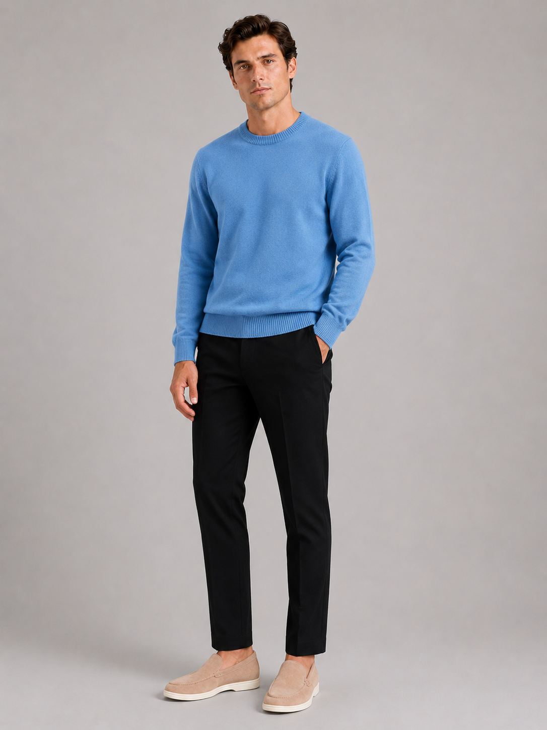 Blue crewneck sweater for men loose fit pullover for everyday fall winter wear