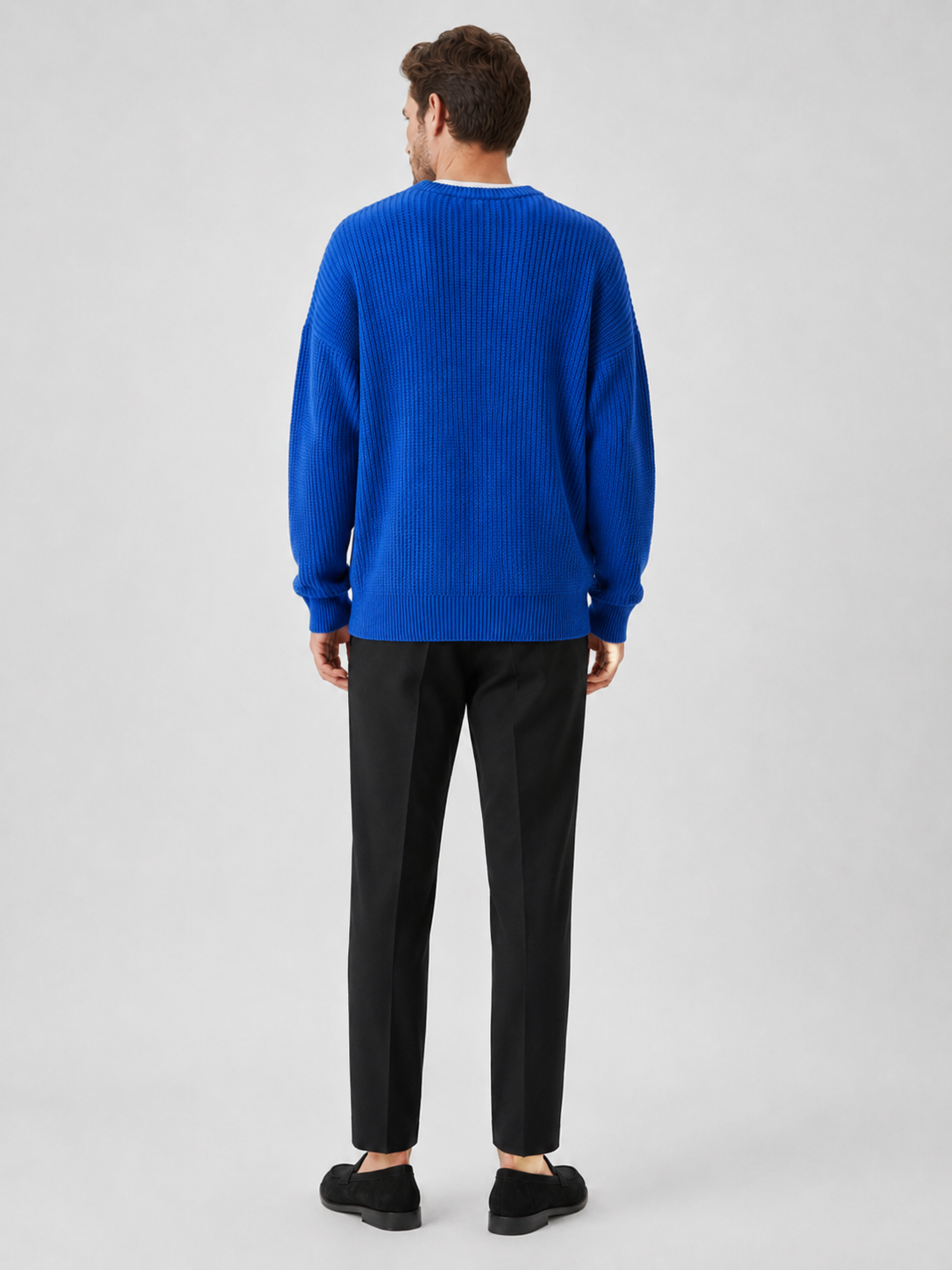 Men’s blue knit sweater comfortable relaxed fit top for business casual and casual outfits