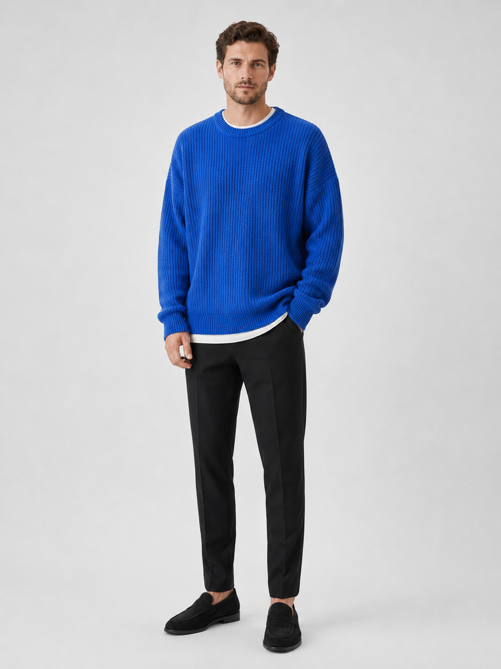 Blue crewneck sweater for men loose fit fall pullover for everyday wear