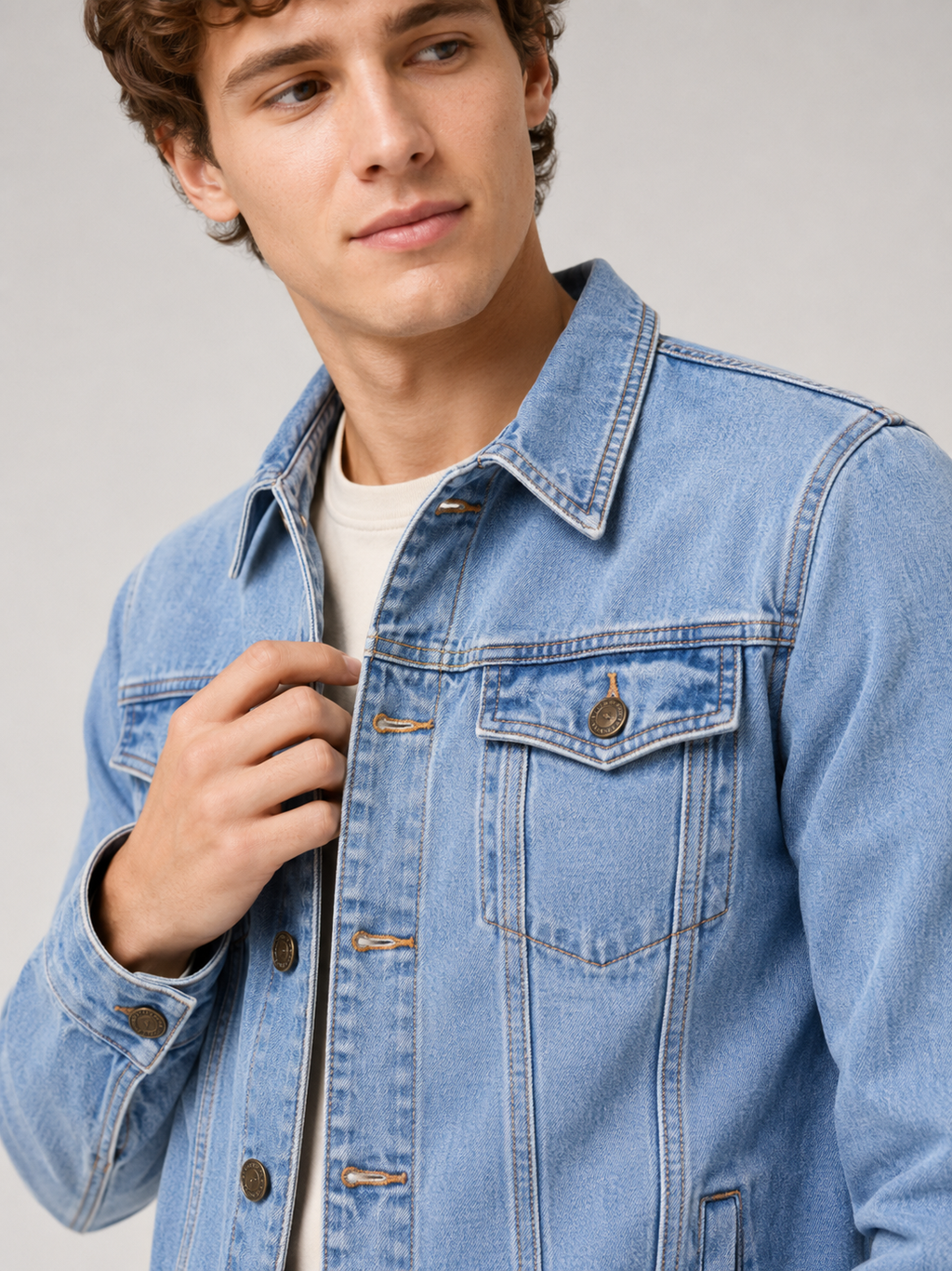 Close up of blue denim jacket showing washed cotton texture and vintage stitching detail