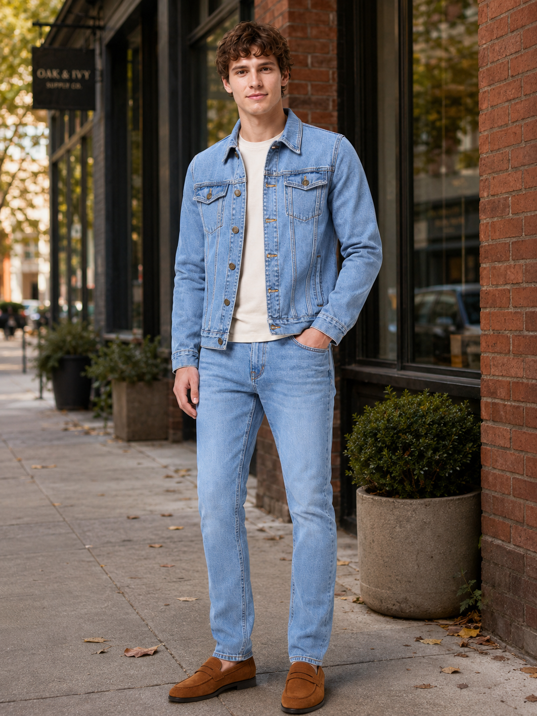 Man styling blue denim jacket in a classic streetwear and everyday lifestyle outfit