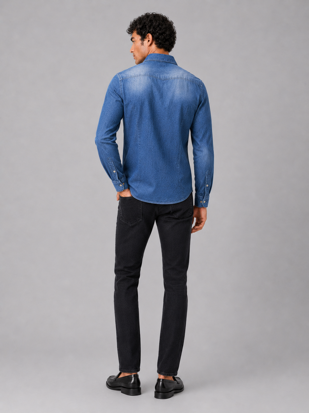 Men’s blue washed cotton denim button up shirt slim fit everyday casual wear
