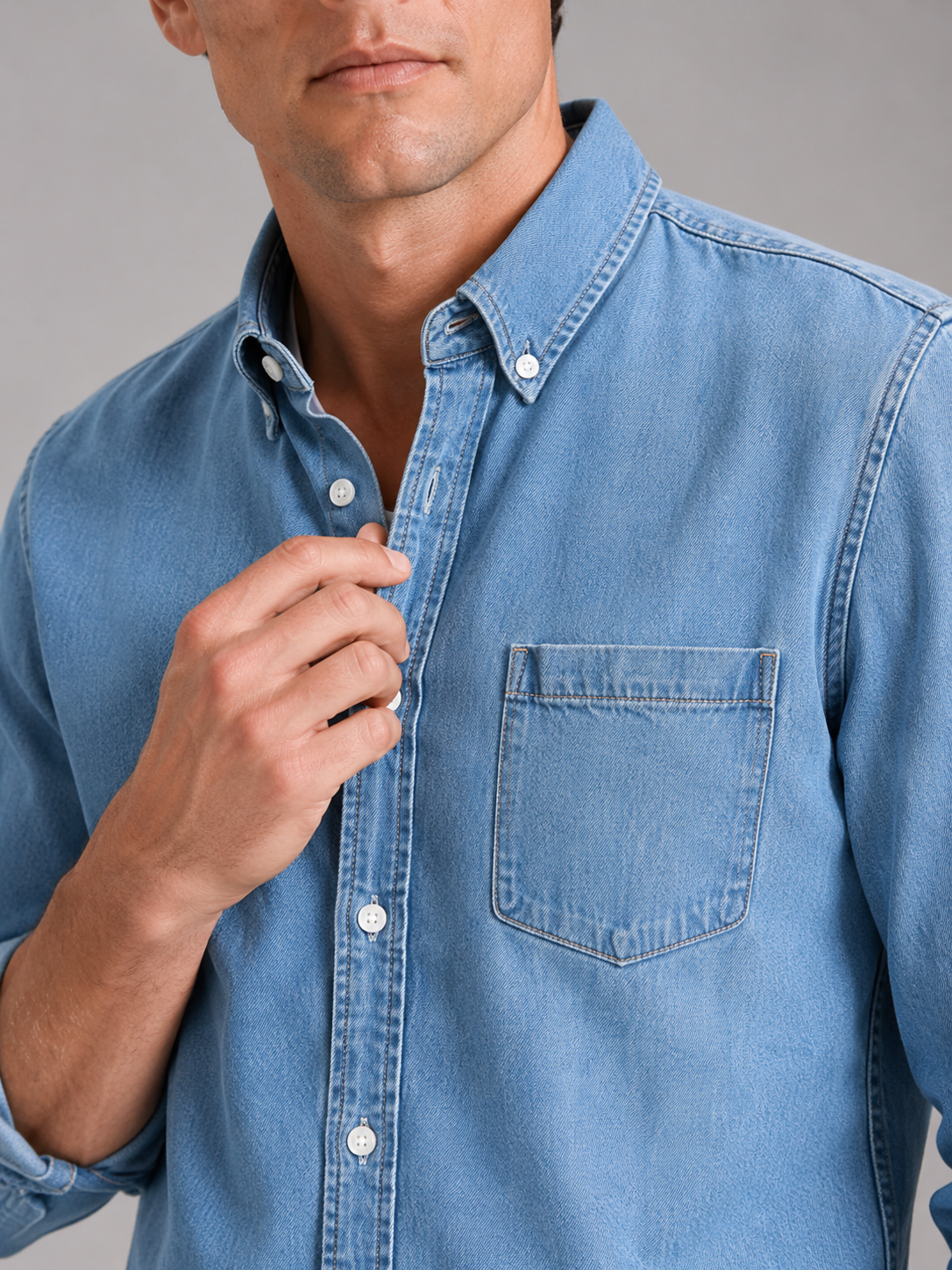 Close up of denim shirt showing washed cotton texture and button down stitching detail