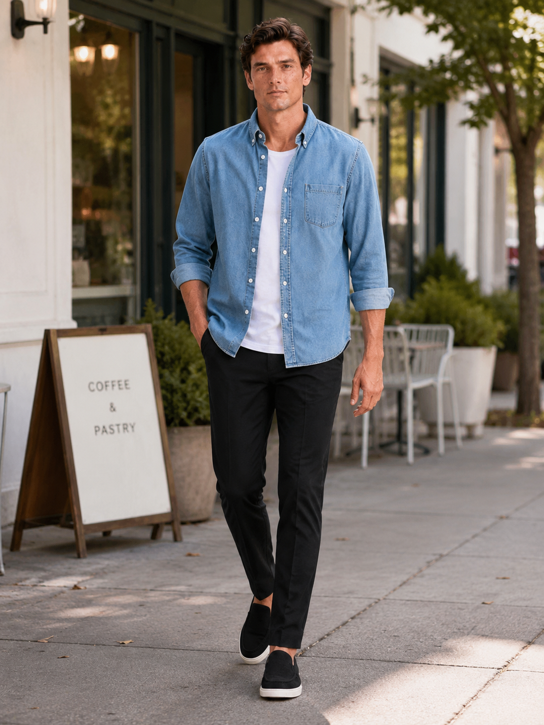 Man styling denim shirt in a rugged everyday casual lifestyle outfit