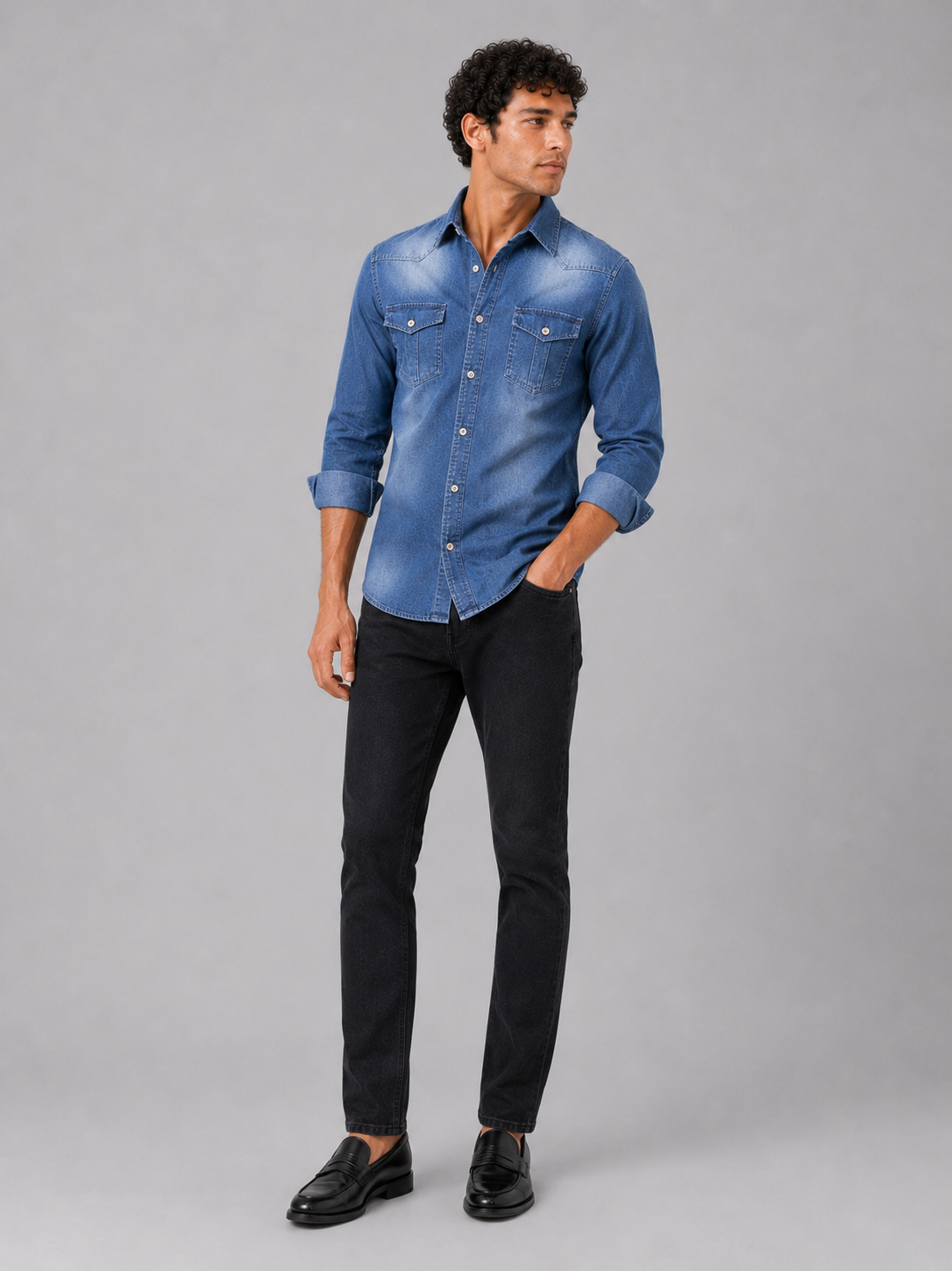 Blue denim shirt for men long sleeve slim fit casual western workwear outfit