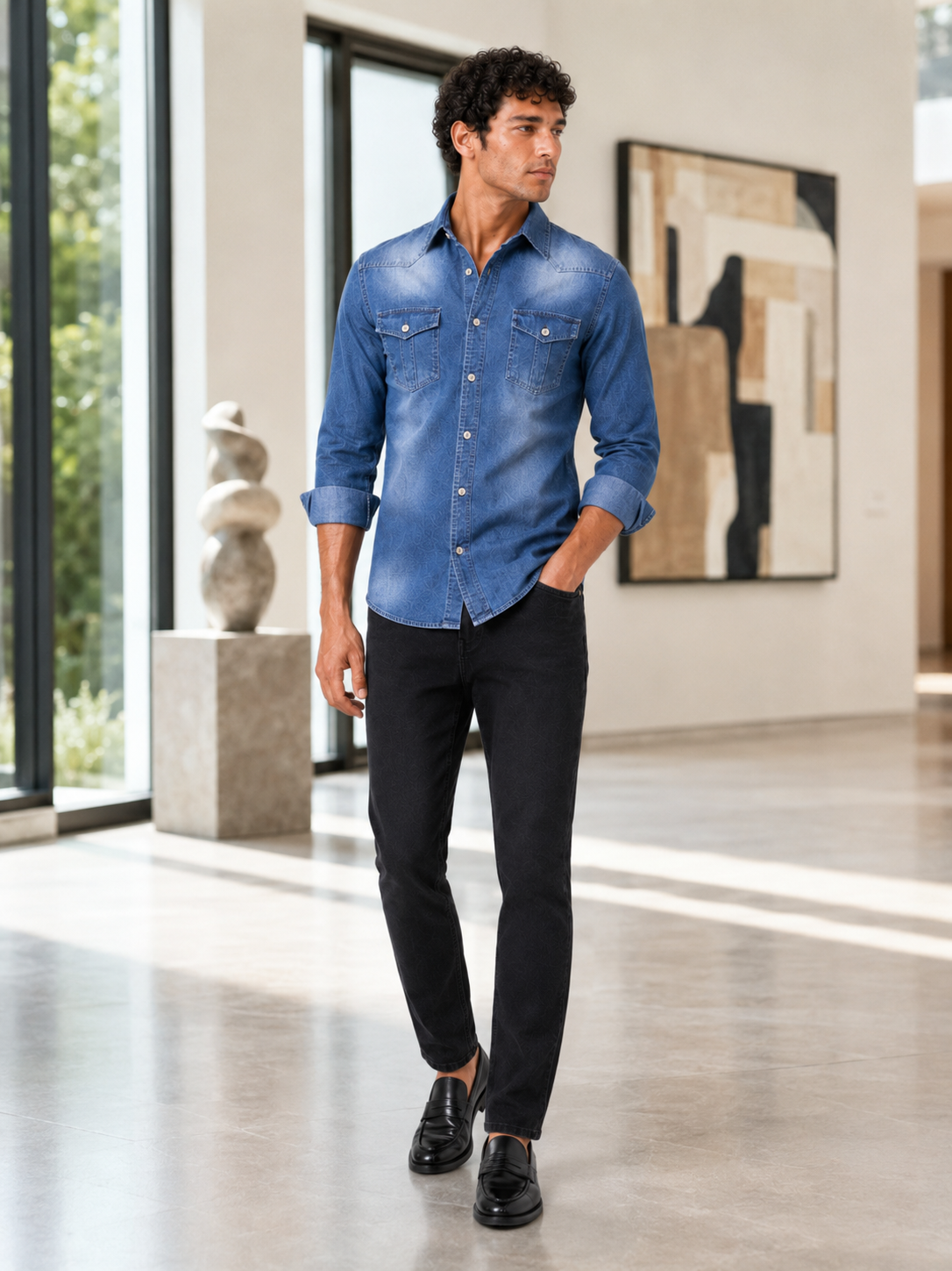 Man styling blue denim shirt in a classic casual western workwear outfit