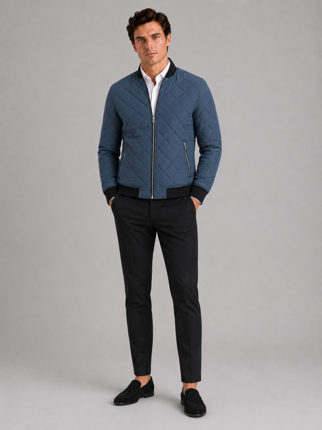 Blue fleece lined bomber jacket for men slim fit warm coat for everyday winter wear