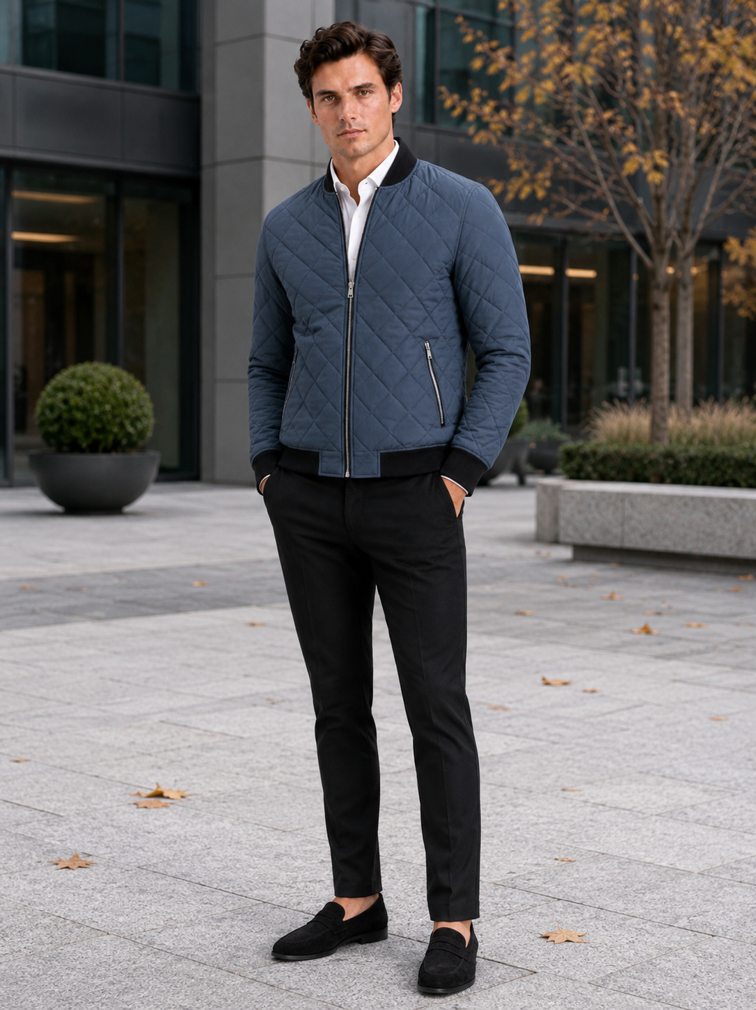 Men’s Bomber Fall Jacket Diamond Pattern Fleece Lined Slim Fit Fall Winter Casual Coat for Everyday and Outdoor Wear