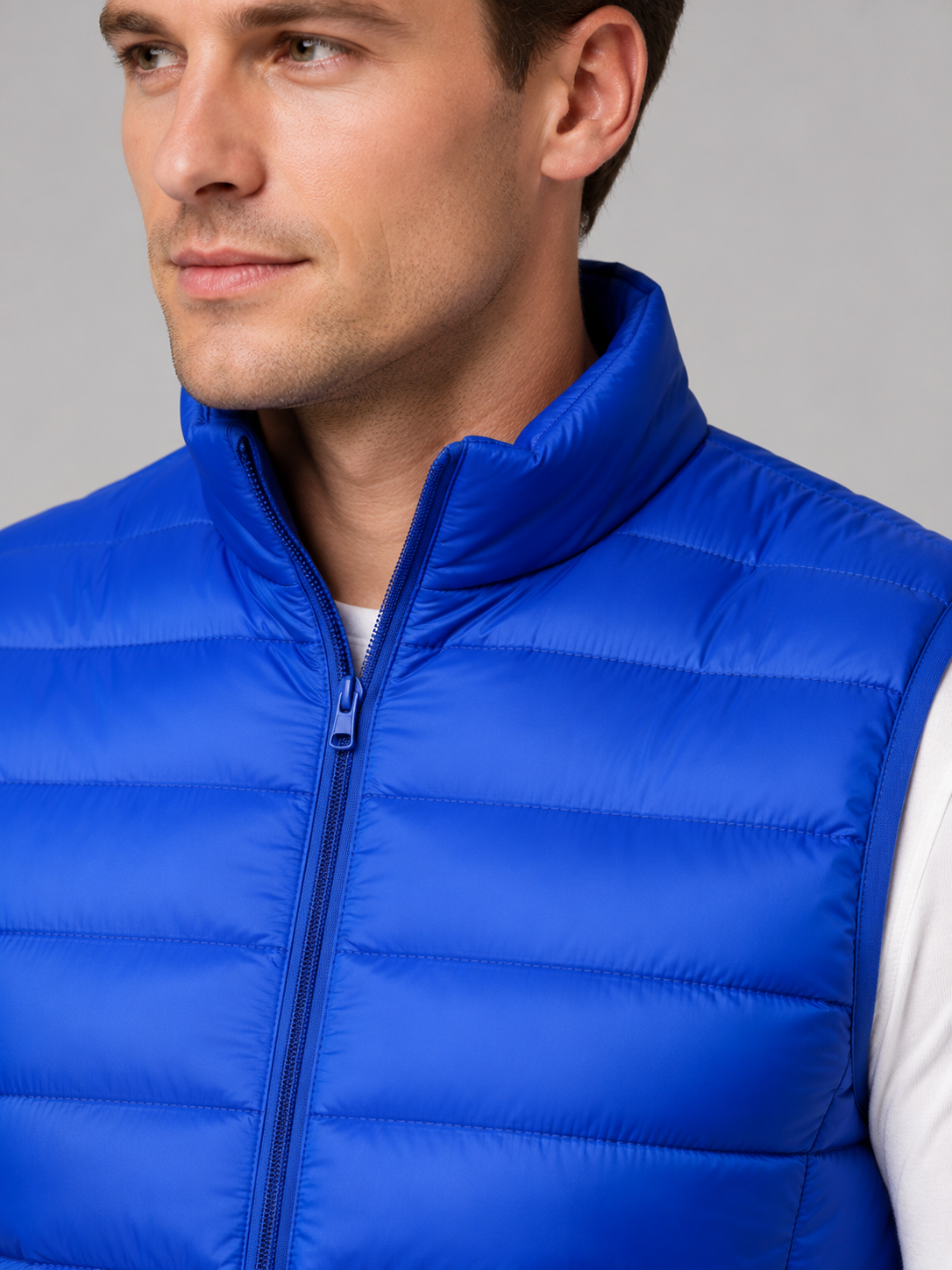 Close up of blue down puffer vest showing lightweight quilted insulation, stand collar, and zip front detail